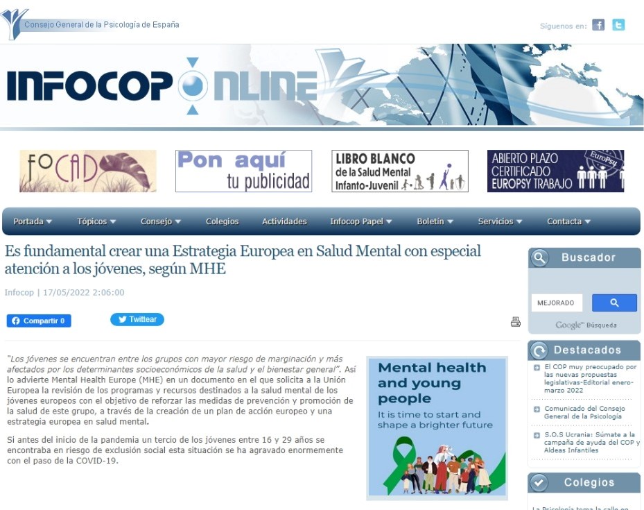 Es fundamental crear una Estrategia Europea en Salud Mental con especial atención a los jóvenes, según MHE